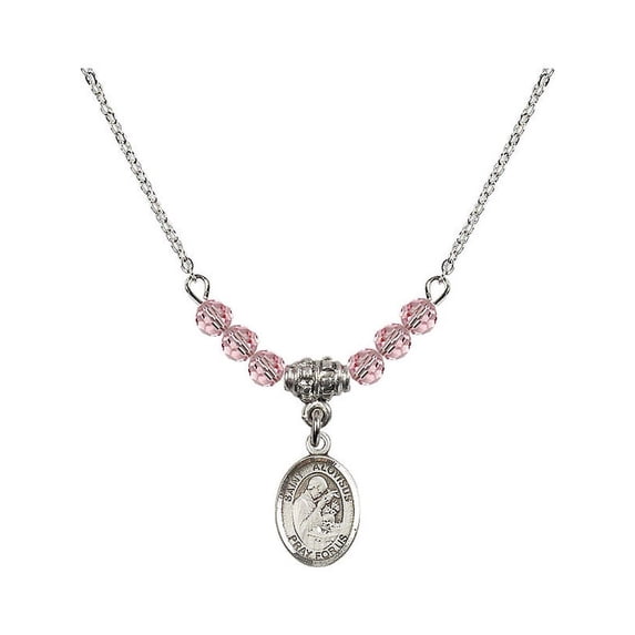 18-Inch Rhodium Plated Necklace with 4mm Light Rose Pink October Birth Month Stone Beads and Saint Aloysius Gonzaga Charm