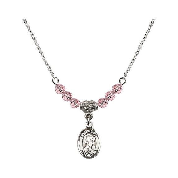 18-Inch Rhodium Plated Necklace with 4mm Light Rose Pink October Birth Month Stone Beads and Saint Brigid of Ireland Charm