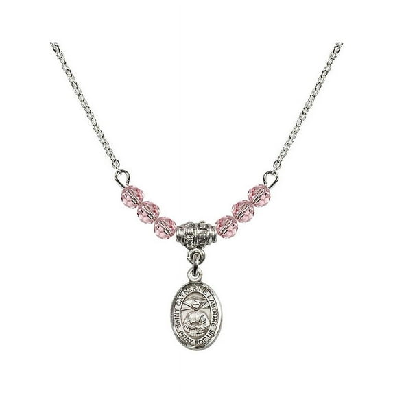 18-Inch Rhodium Plated Necklace with 4mm Light Rose Pink October Birth Month Stone Beads and Saint Catherine Laboure Charm
