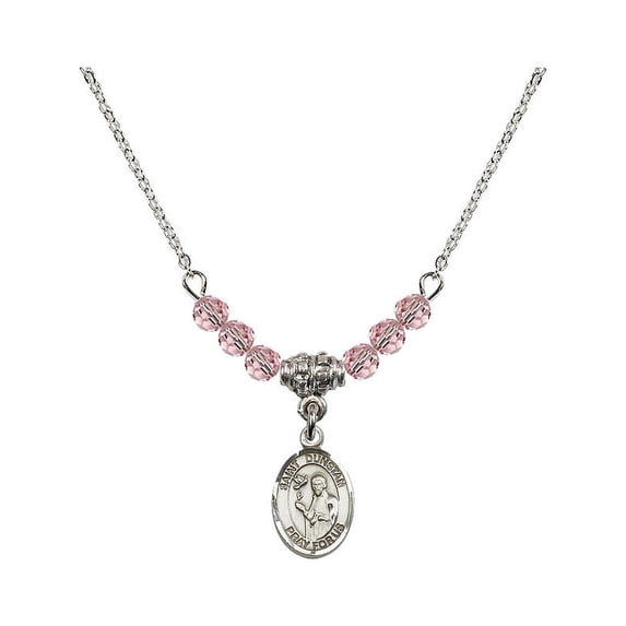 18-Inch Rhodium Plated Necklace with 4mm Light Rose Pink October Birth Month Stone Beads and Saint Dunstan Charm