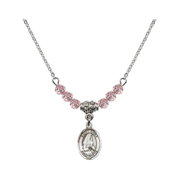 18-Inch Rhodium Plated Necklace with 4mm Light Rose Pink October Birth Month Stone Beads and Saint Emily de Vialar Charm