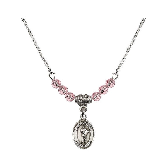 18-Inch Rhodium Plated Necklace with 4mm Light Rose Pink October Birth Month Stone Beads and Saint Florian Charm