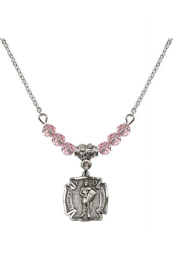 18-Inch Rhodium Plated Necklace with 4mm Light Rose Pink October Birth Month Stone Beads and Saint Florian Charm