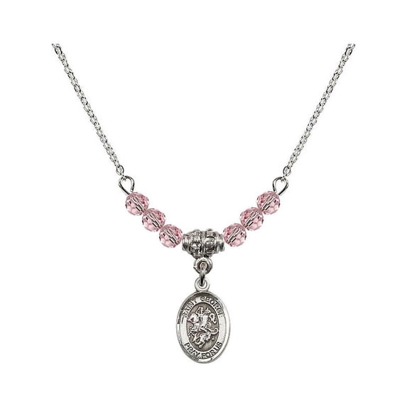 18-Inch Rhodium Plated Necklace with 4mm Light Rose Pink October Birth Month Stone Beads and Saint George Charm