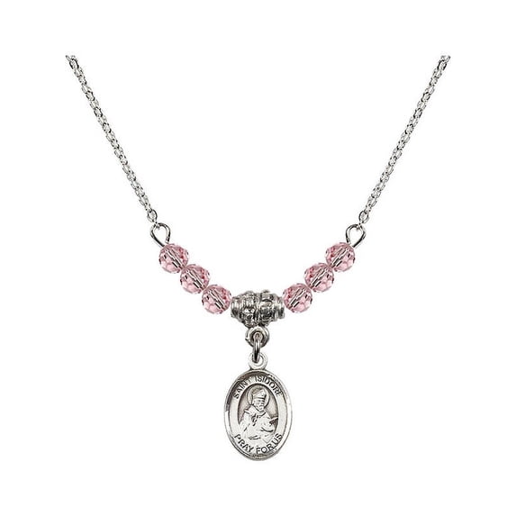18-Inch Rhodium Plated Necklace with 4mm Light Rose Pink October Birth Month Stone Beads and Saint Isidore of Seville Charm