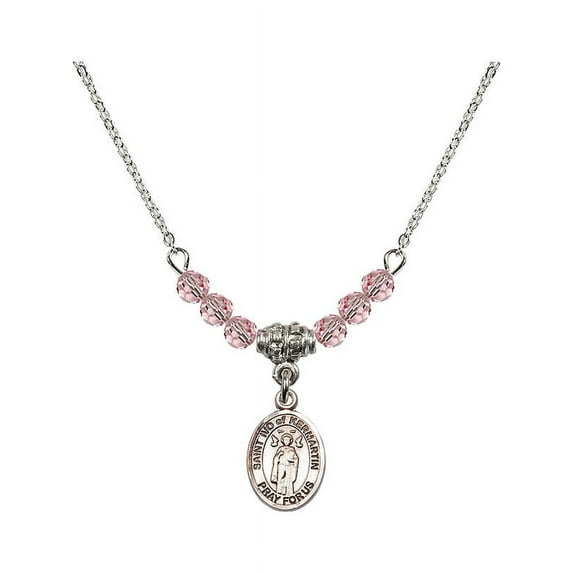 18-Inch Rhodium Plated Necklace with 4mm Light Rose Pink October Birth Month Stone Beads and Saint Ivo of Kelmartin Charm