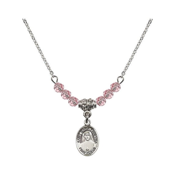 18-Inch Rhodium Plated Necklace with 4mm Light Rose Pink October Birth Month Stone Beads and Saint Maria Faustina Charm