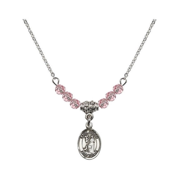 18-Inch Rhodium Plated Necklace with 4mm Light Rose Pink October Birth Month Stone Beads and Saint Rocco Charm