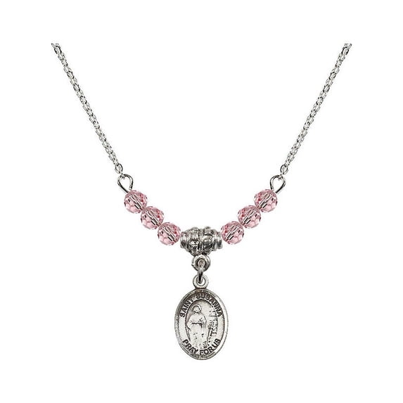 18-Inch Rhodium Plated Necklace with 4mm Light Rose Pink October Birth Month Stone Beads and Saint Susanna Charm