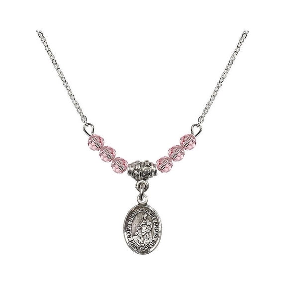 18-Inch Rhodium Plated Necklace with 4mm Light Rose Pink October Birth Month Stone Beads and Saint Thomas of Villanova Charm