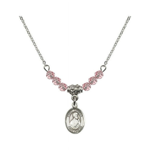 18-Inch Rhodium Plated Necklace with 4mm Light Rose Pink October Birth Month Stone Beads and Saint Thomas the Apostle Charm