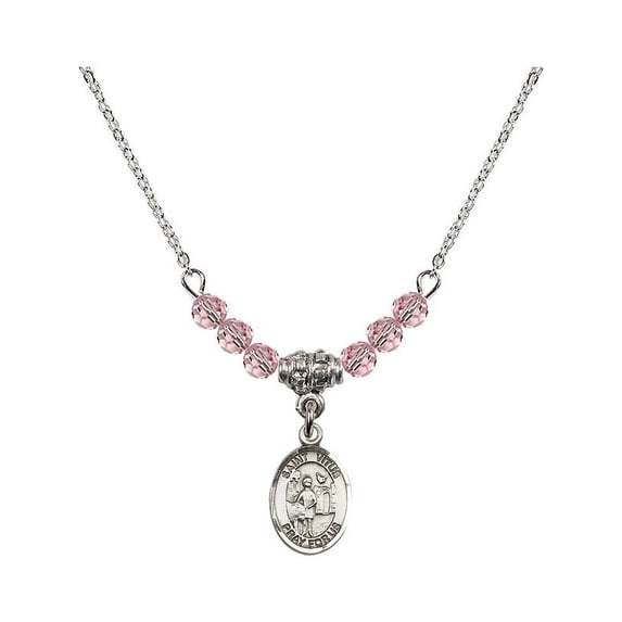 18-Inch Rhodium Plated Necklace with 4mm Light Rose Pink October Birth Month Stone Beads and Saint Vitus Charm