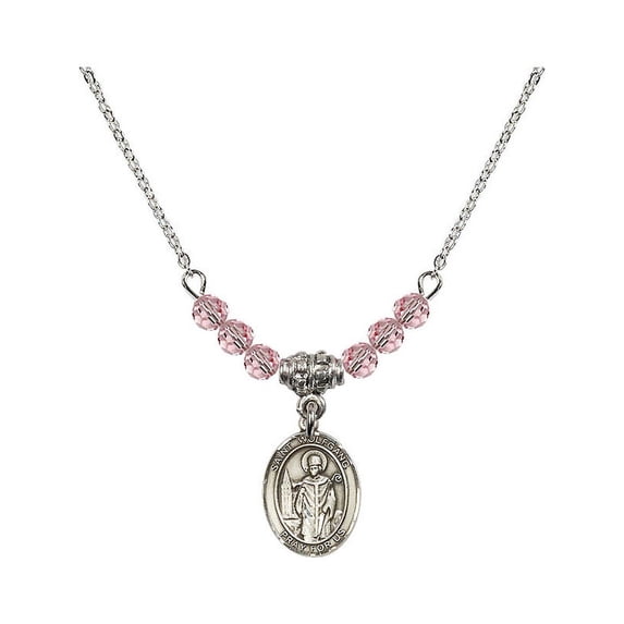 18-Inch Rhodium Plated Necklace with 4mm Light Rose Pink October Birth Month Stone Beads and Saint Wolfgang Charm