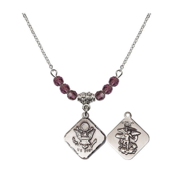 18-Inch Rhodium Plated Necklace with 4mm Purple February Birth Month Stone Beads and Army Diamond Charm