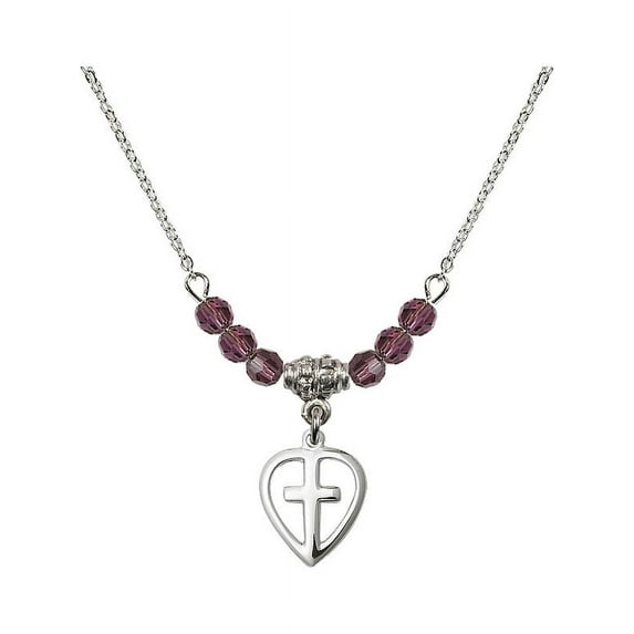 18-Inch Rhodium Plated Necklace with 4mm Purple February Birth Month Stone Beads and Heart / Cross Charm