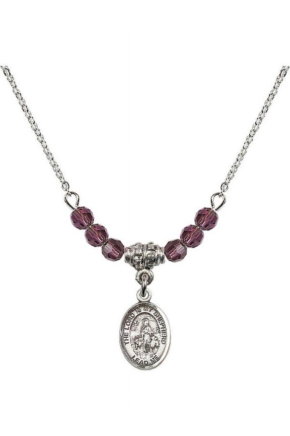 18-Inch Rhodium Plated Necklace with 4mm Purple February Birth Month Stone Beads and Lord Is My Shepherd Charm
