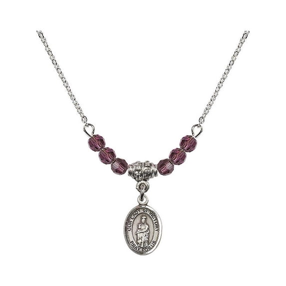 18-Inch Rhodium Plated Necklace with 4mm Purple February Birth Month Stone Beads and Our Lady of Victory Charm