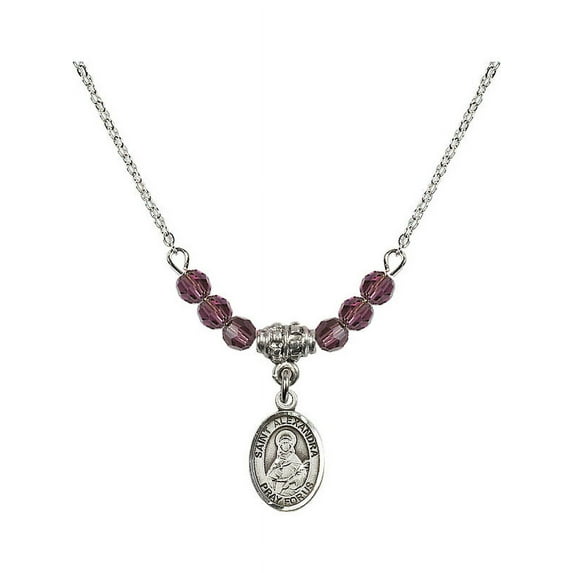 18-Inch Rhodium Plated Necklace with 4mm Purple February Birth Month Stone Beads and Saint Alexandra Charm