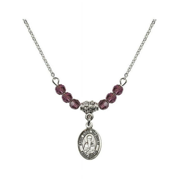 18-Inch Rhodium Plated Necklace with 4mm Purple February Birth Month Stone Beads and Saint Basil the Great Charm