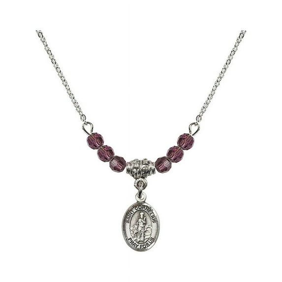 18-Inch Rhodium Plated Necklace with 4mm Purple February Birth Month Stone Beads and Saint Cornelius Charm