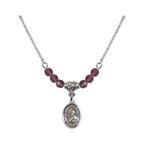 18-Inch Rhodium Plated Necklace with 4mm Purple February Birth Month Stone Beads and Saint Francis Xavier Charm