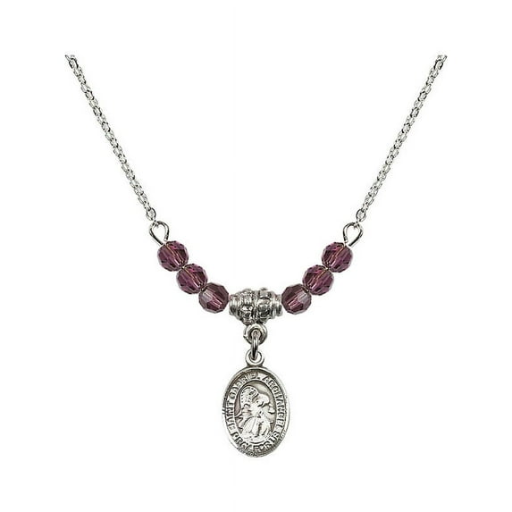 18-Inch Rhodium Plated Necklace with 4mm Purple February Birth Month Stone Beads and Saint Gabriel the Archangel Charm