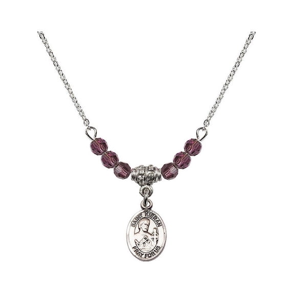 18-Inch Rhodium Plated Necklace with 4mm Purple February Birth Month Stone Beads and Saint Kieran Charm