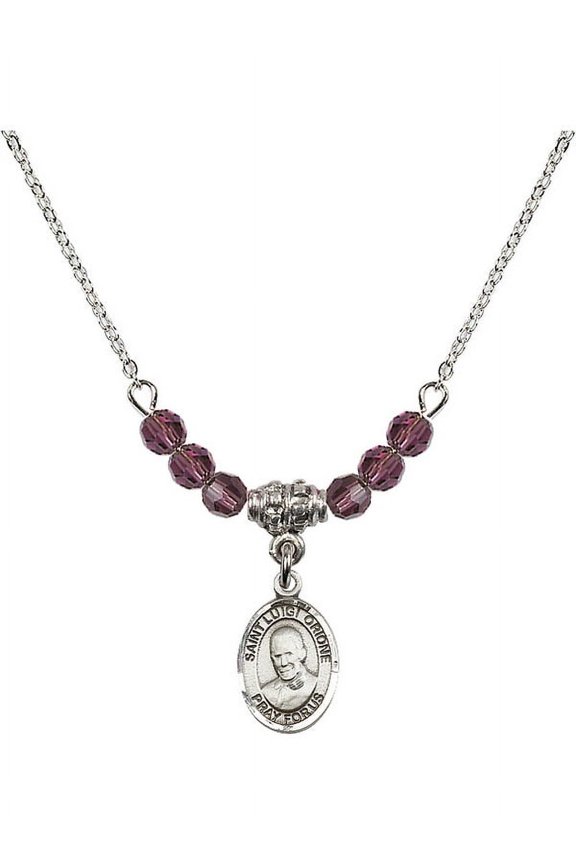 18-Inch Rhodium Plated Necklace with 4mm Purple February Birth Month Stone Beads and Saint Luigi Orione Charm