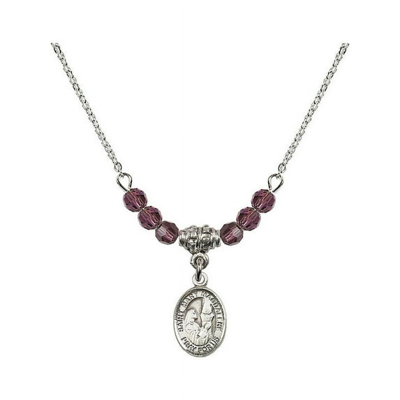 18-Inch Rhodium Plated Necklace with 4mm Purple February Birth Month Stone Beads and Saint Mary Magdalene Charm