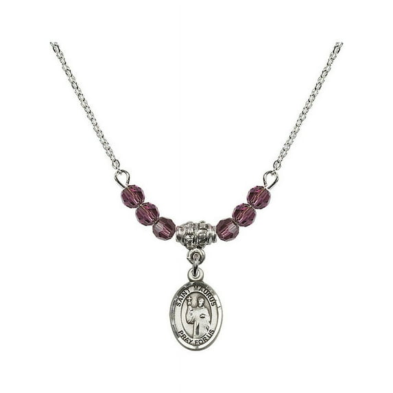 18-Inch Rhodium Plated Necklace with 4mm Purple February Birth Month Stone Beads and Saint Maurus Charm