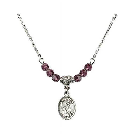 18-Inch Rhodium Plated Necklace with 4mm Purple February Birth Month Stone Beads and Saint Paula Charm