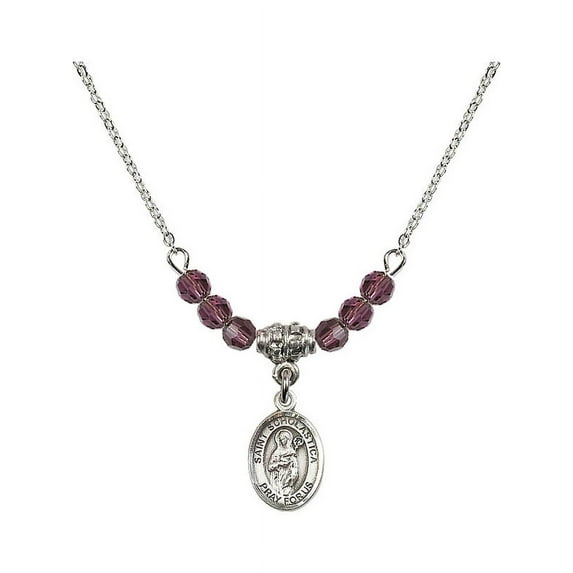 18-Inch Rhodium Plated Necklace with 4mm Purple February Birth Month Stone Beads and Saint Scholastica Charm