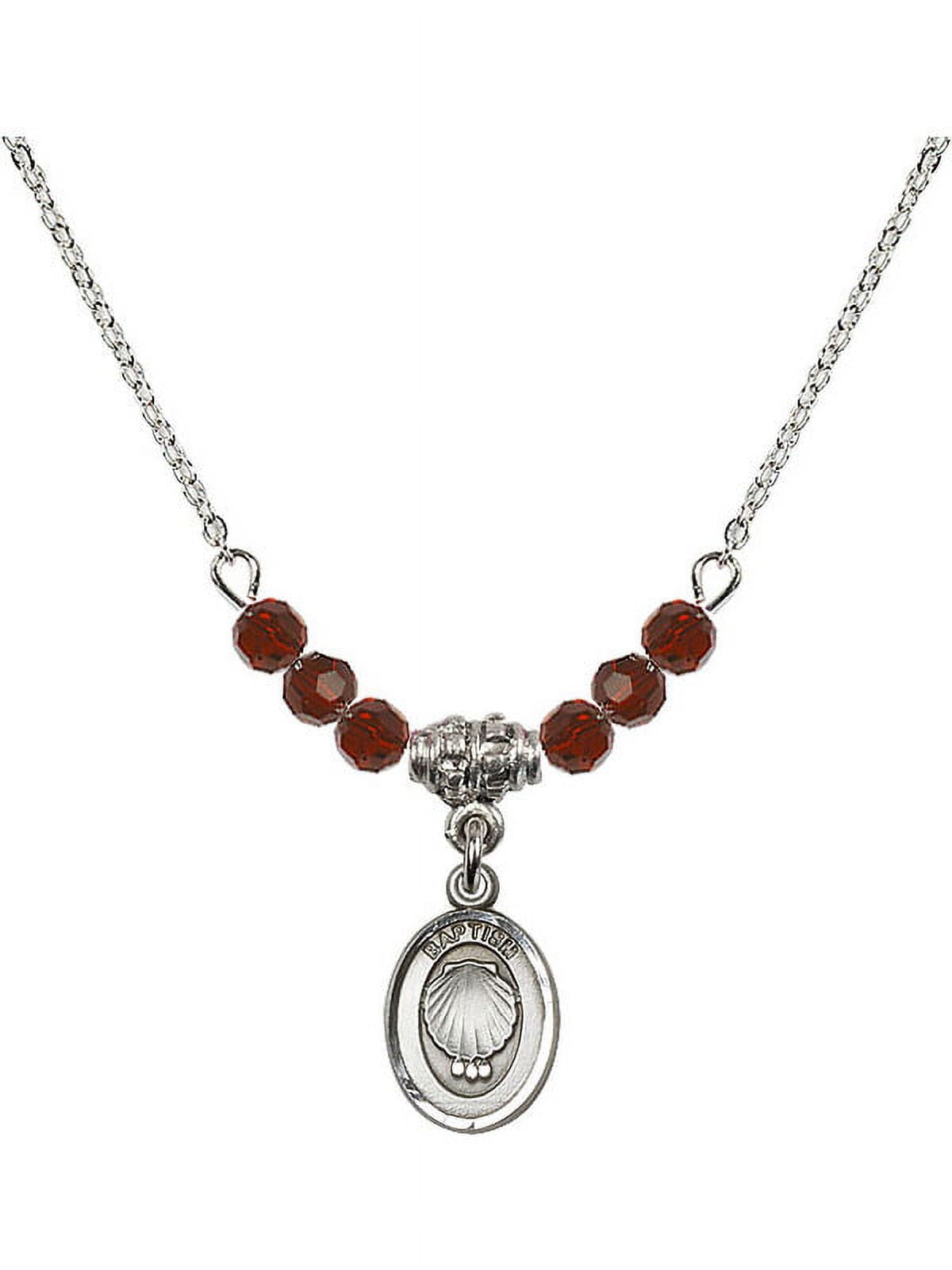 18-Inch Rhodium Plated Necklace with 4mm Red January Birth Month Stone Beads and Baptism Charm
