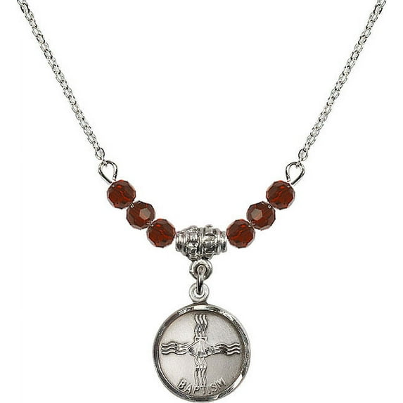 18-Inch Rhodium Plated Necklace with 4mm Red January Birth Month Stone Beads and Baptism Charm