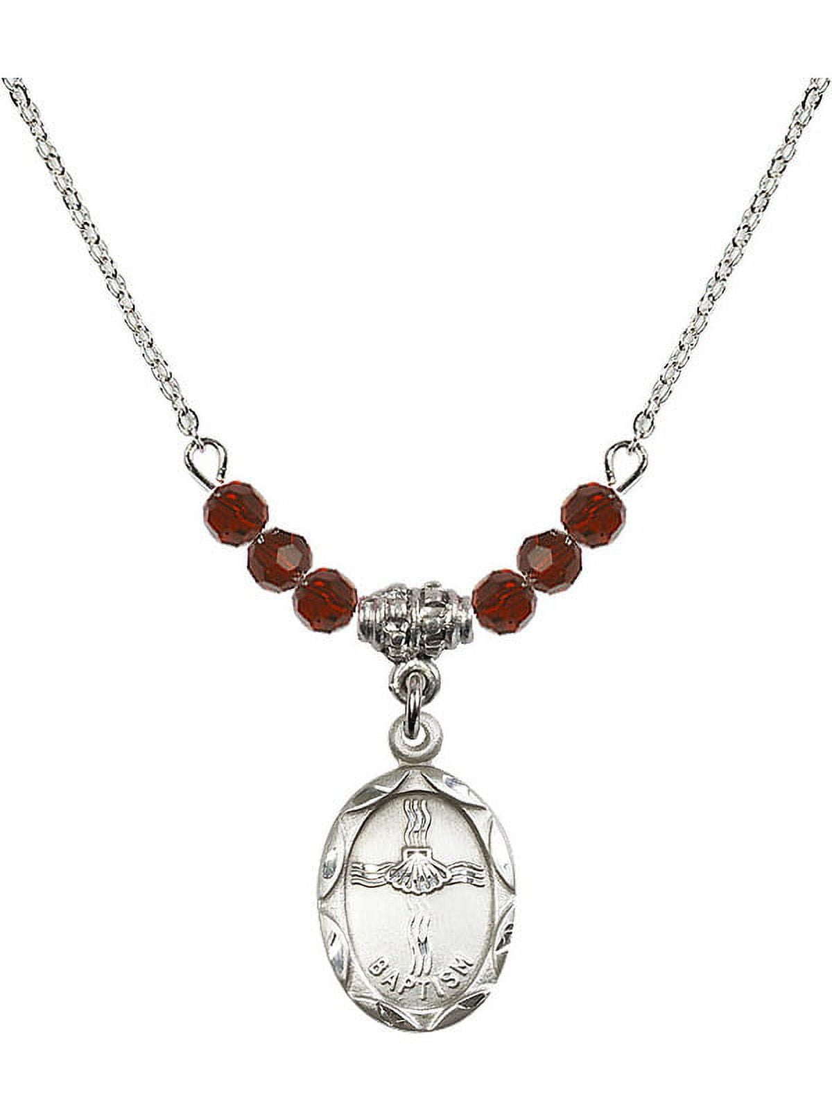 18-Inch Rhodium Plated Necklace with 4mm Red January Birth Month Stone Beads and Baptism Charm