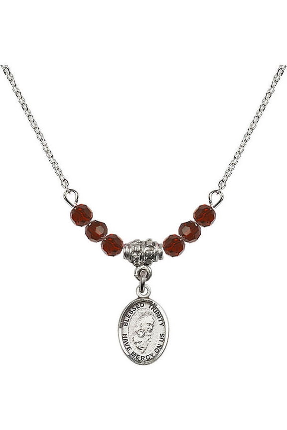 18-Inch Rhodium Plated Necklace with 4mm Red January Birth Month Stone Beads and Blessed Trinity Charm