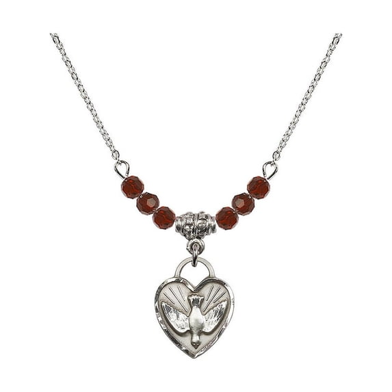 18-Inch Rhodium Plated Necklace with 4mm Red January Birth Month Stone Beads and Confirmation Heart Charm