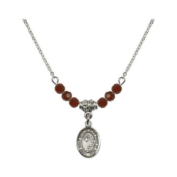 18-Inch Rhodium Plated Necklace with 4mm Red January Birth Month Stone Beads and Footprints / Cross Charm