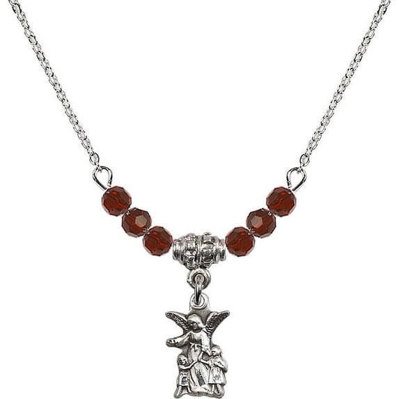18-Inch Rhodium Plated Necklace with 4mm Red January Birth Month Stone Beads and Guardian Angel Charm