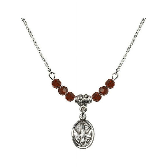 18-Inch Rhodium Plated Necklace with 4mm Red January Birth Month Stone Beads and Holy Spirit Charm