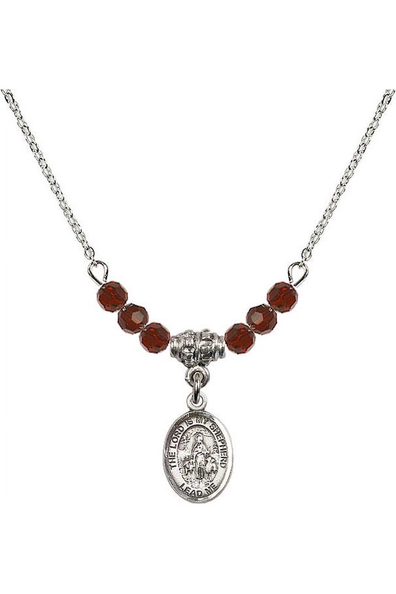 18-Inch Rhodium Plated Necklace with 4mm Red January Birth Month Stone Beads and Lord Is My Shepherd Charm