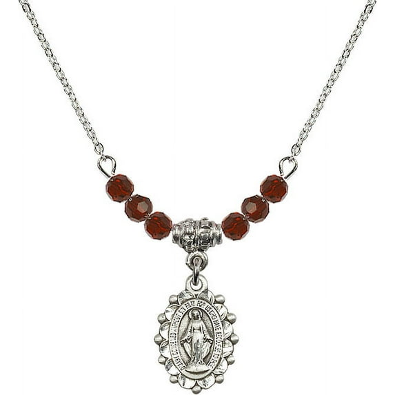 18-Inch Rhodium Plated Necklace with 4mm Red January Birth Month Stone Beads and Miraculous Charm