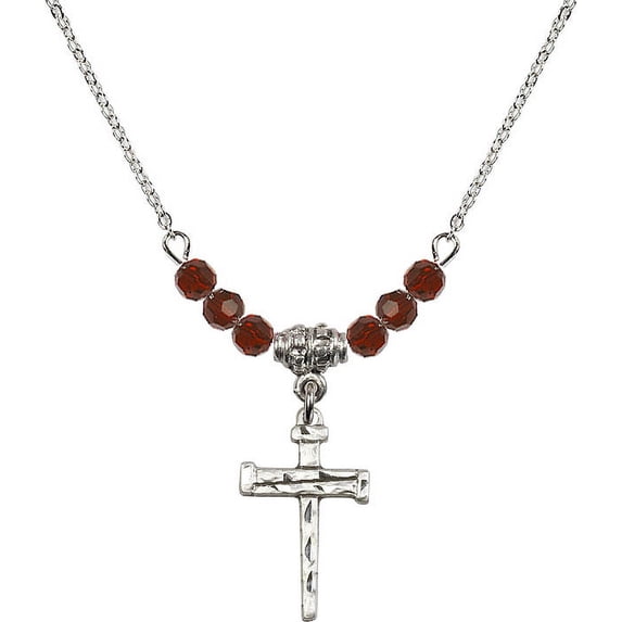 18-Inch Rhodium Plated Necklace with 4mm Red January Birth Month Stone Beads and Nail Cross Charm