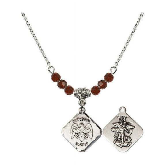 18-Inch Rhodium Plated Necklace with 4mm Red January Birth Month Stone Beads and Nat'l Guard Diamond Charm