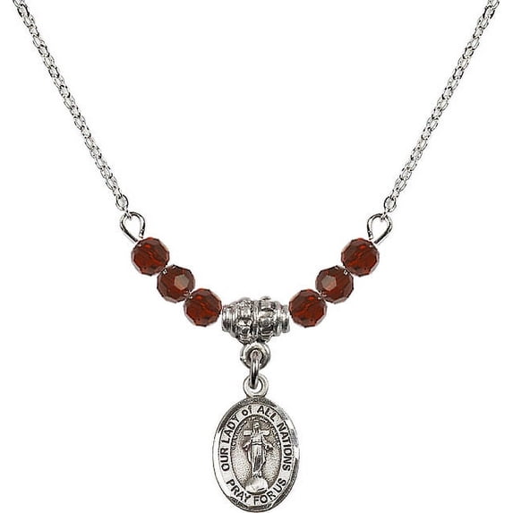 18-Inch Rhodium Plated Necklace with 4mm Red January Birth Month Stone Beads and Our Lady of All Nations Charm