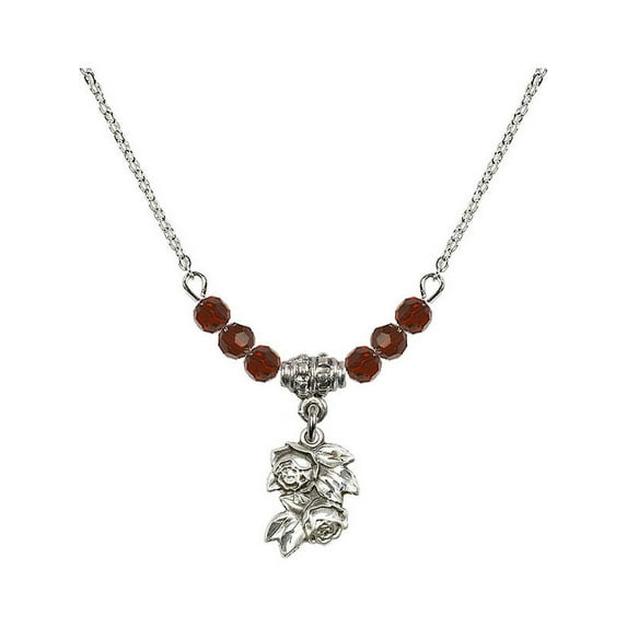 18-Inch Rhodium Plated Necklace with 4mm Red January Birth Month Stone Beads and Rose Charm