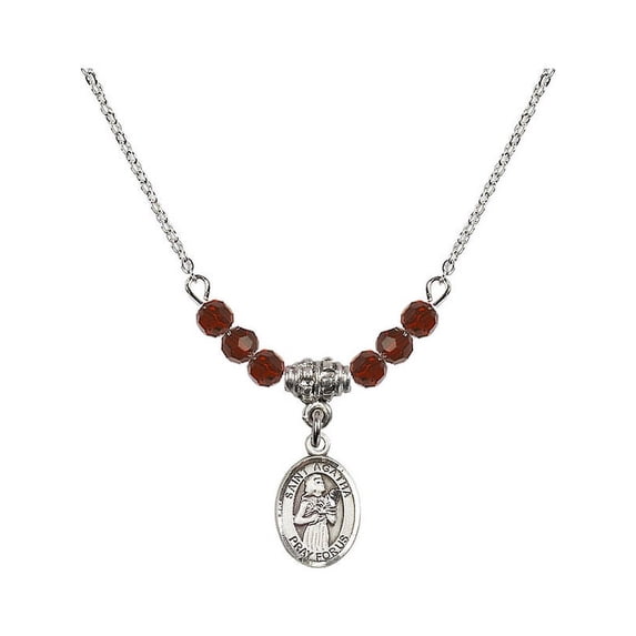 18-Inch Rhodium Plated Necklace with 4mm Red January Birth Month Stone Beads and Saint Agatha Charm