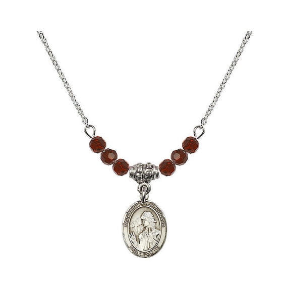 18-Inch Rhodium Plated Necklace with 4mm Red January Birth Month Stone Beads and Saint Finnian of Clonard Charm