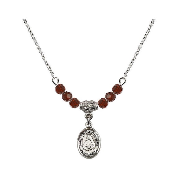 18-Inch Rhodium Plated Necklace with 4mm Red January Birth Month Stone Beads and Saint Frances Cabrini Charm