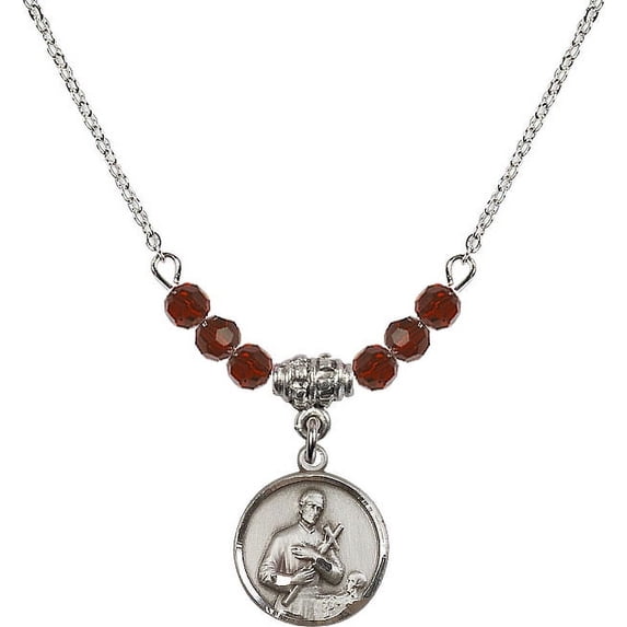 18-Inch Rhodium Plated Necklace with 4mm Red January Birth Month Stone Beads and Saint Gerard Charm